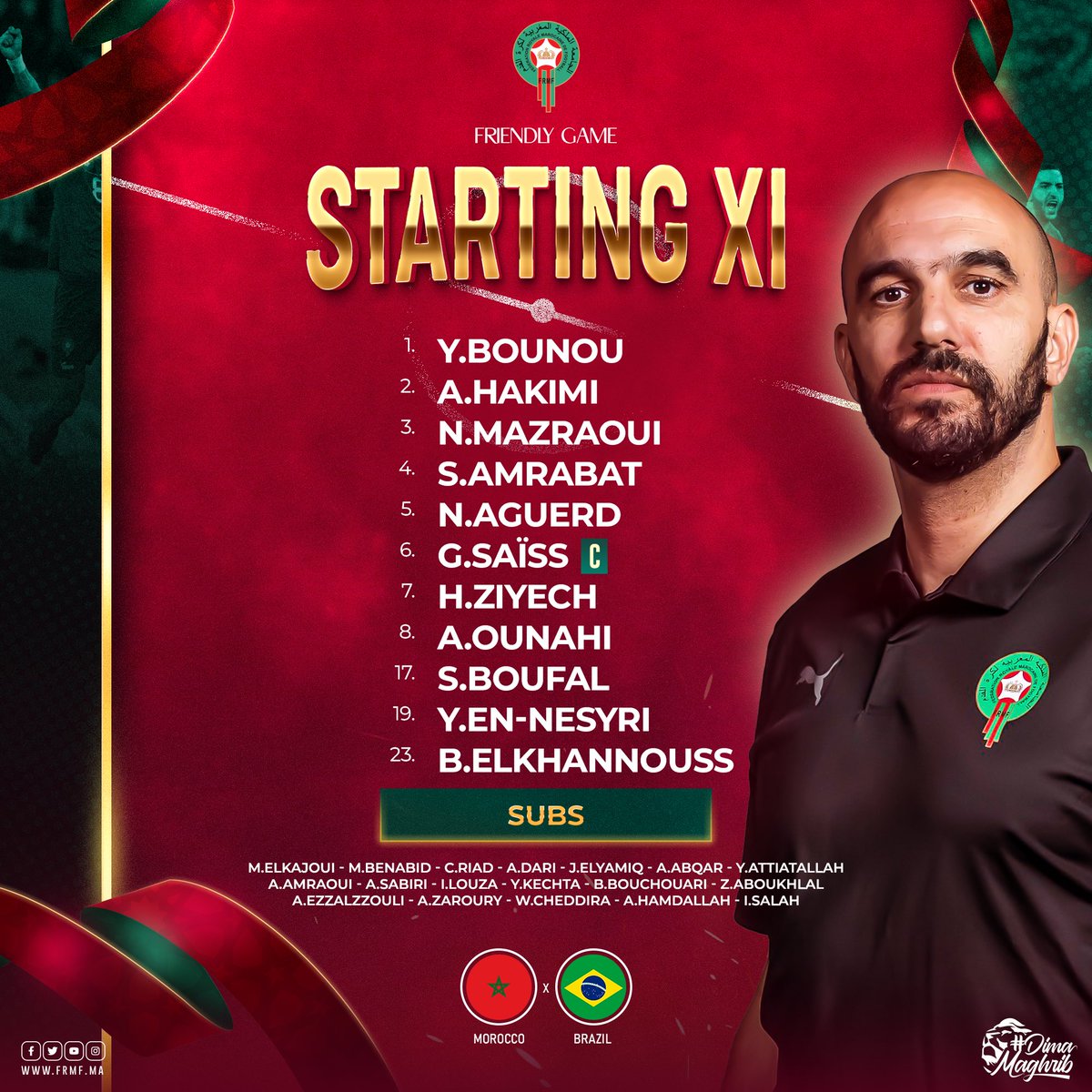 EnMaroc's tweet photo. 🚨التشكيلة الأساسية لأسود الأطلس أمام منتخب البرازيل 

Atlas Lions Line-up against Brazil 🇧🇷

#DimaMaghrib 🇲🇦 #AtlasLions #TeamMorocco https://t.co/ONhKpHktLV