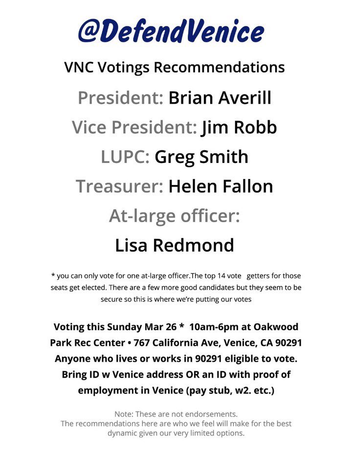 Our recs for Venice NC voting tomorrow. Disclaimer: Minus Lisa, these are not endorsements, just  recommendations based off the very limited options we’re afforded this round.