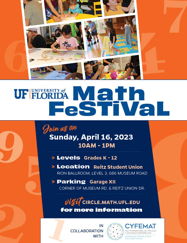 cyfemat's tweet photo. Join us on Sunday, April 16 for the second annual @UF Math Festival. Come and enjoy games, puzzles, magic, and much more. It's free! https://t.co/XtZ9YMhv9i @UFMathematics https://t.co/8l7UY09Zn5