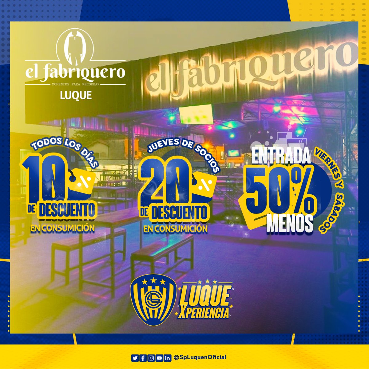 <a href="/elfabriqueropy_/">El Fabriquero</a> tiene muchas novedades para todos nuestros socios. 🤩

¡Aprovechá todos los beneficios exclusivos para los socios/as! 🔝😃

#LuqueXperiencia 💙💛