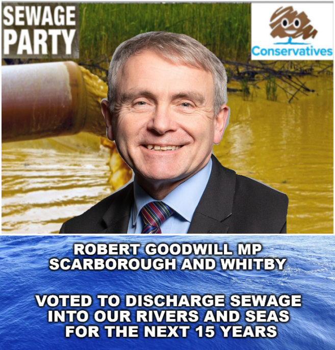Saccaguru's tweet photo. Robert Goodwill MP
Scarborough and Whitby

Voted to discharge sewage 
into our rivers and seas for the next 15 years
#SewageParty #TorySewageParty 
#CorruptConservatives #ToriesOut261 https://t.co/sr6A4Mic8r