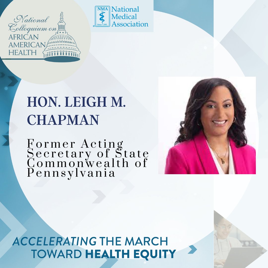 NationalMedAssn's tweet photo. Don't miss Former Acting Secretary of State and Commonwealth of Pennsylvania, Hon. Leigh M. Chapman as she discusses voting restrictions as a public health crisis.  #NationalMedAssn #Colloquium2023 #HealthPolicy #HealthEquity #AfricanAmericanHealth #BlackWellness #PublicHealth https://t.co/1U0DSFj5Y1