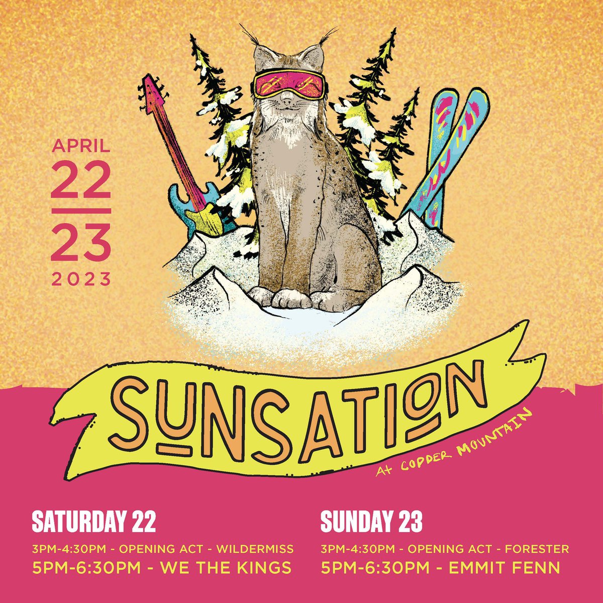 CopperMtn's tweet photo. Think spring & save ☀️ the ❄️ date. 🏖
Our Annual Sunsation with two days of live music with @WeTheKings, @forestermusic, @EmmitFenn, & @Wildermiss, plus stein hoisting competitions, swag, and Slush Rush is April 22 & 23rd!
#CopperMountain #TheAthletesMountain #Sunsation https://t.co/AyFQZ31vRq
