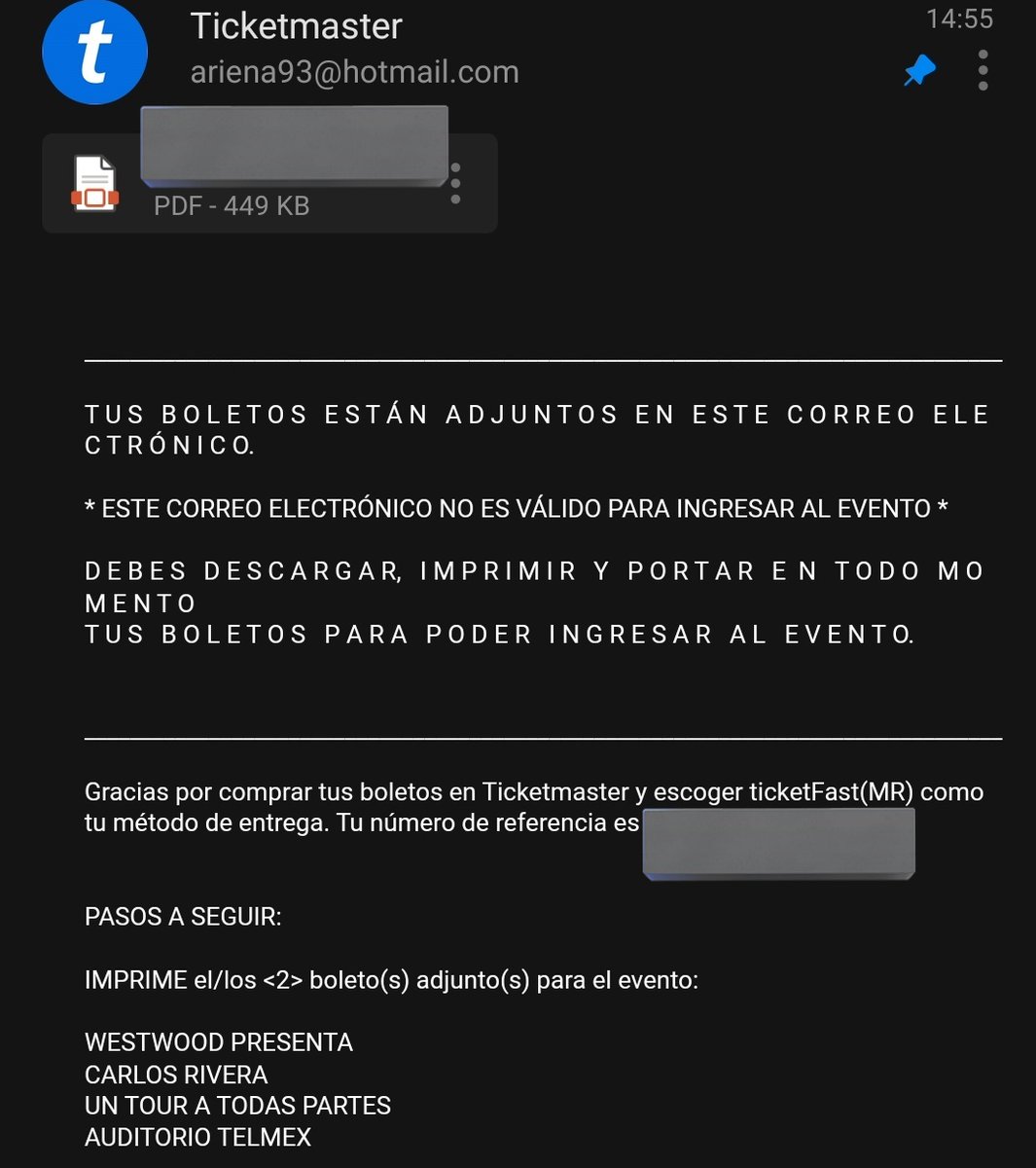 ArienaOC's tweet photo. @IlselinaAC @Ticketmaster_Me @_CarlosRivera Uno es del correo del día que los compre... Y la segunda imagen es del correo de hoy... Yo hoy iría por los boletos. https://t.co/DRkeoK14Tu