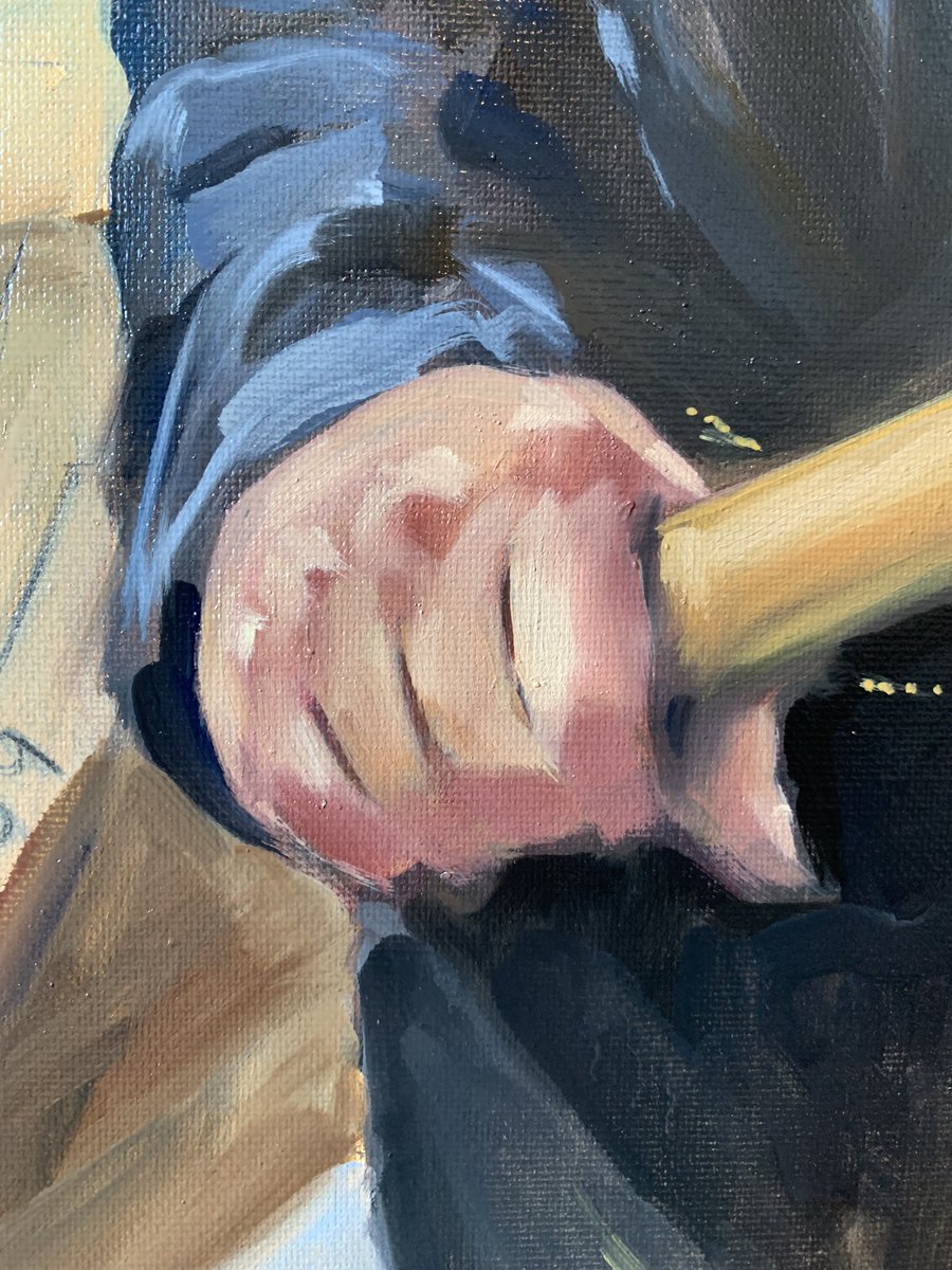 I was really pleased with his hand (detail) of portrait of a crew member of The Sutton Hoo ship’s company. I don’t know why i gridded the canvas as i painted straight by eye. #woodbridge #suttonhoo #suttonhooship #wip #oilpaint oiloncanvas #portrait #dailysketch #art #artlessons