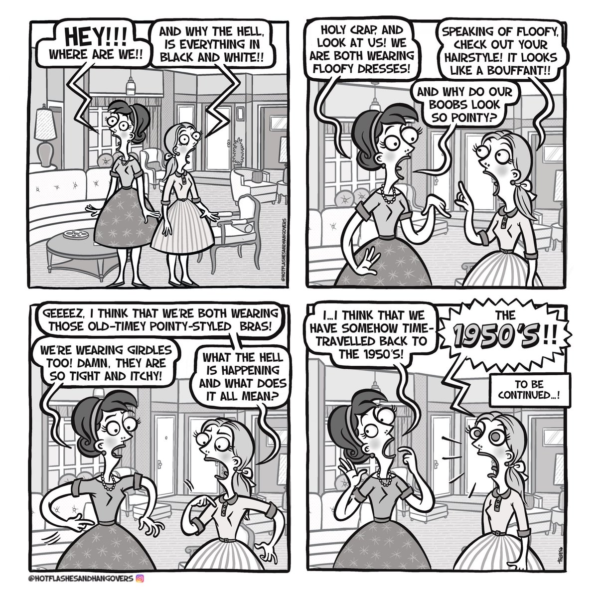 Gee whiz! What’s going on in H&amp;H? Are they on Wandavision? Or have they been transported to Pleasantville? And why are those bras so darn pointy? 
More pointy problems at: instagram.com/hotflashesandh… 🔥🍷

#webcomicseries #webcomix #funnycomics #comix
#wandavisionedit #timetraveler