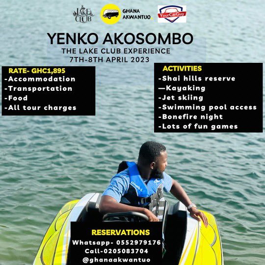 #YenkoAkosombo this Easter with <a href="/GhanaAkwantuo/">Ghana Akwantuo</a> X <a href="/LakeClubGh/">Lake Club Resort</a> 

Let’s get out of Accra and live life on the lake 😁

#YourCarGuy 🚘🕺🏽