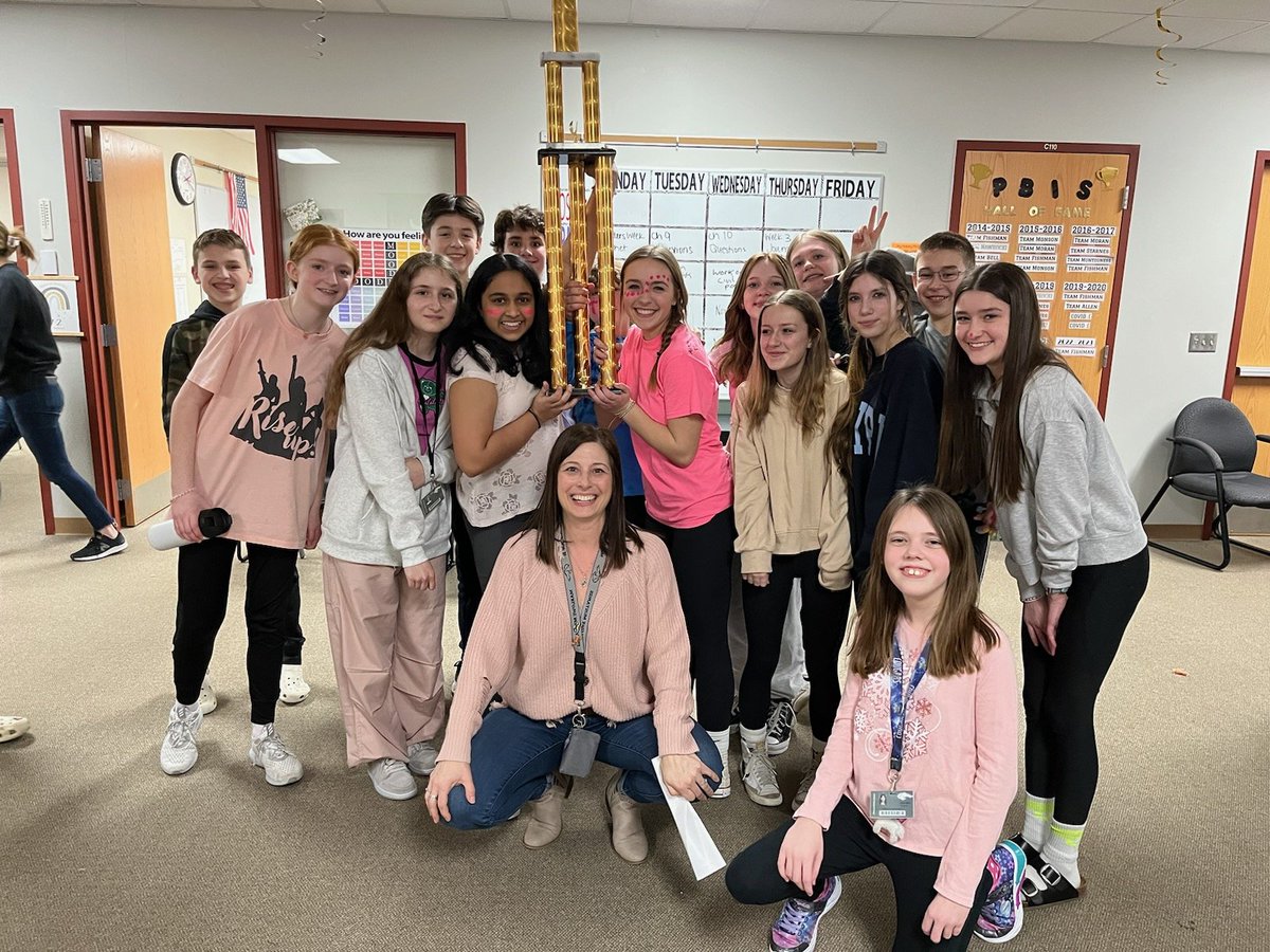 EFish30's tweet photo. 3rd Quarter PBIS Reward day was about celebrating all the awesome students on Team 7-2... but an extra Congrats goes to team PINK for working together and reclaiming the trophy! Enjoy your Spring Break! #marlowe158 #marlowe72 #district158 https://t.co/ZUBWemcLTF