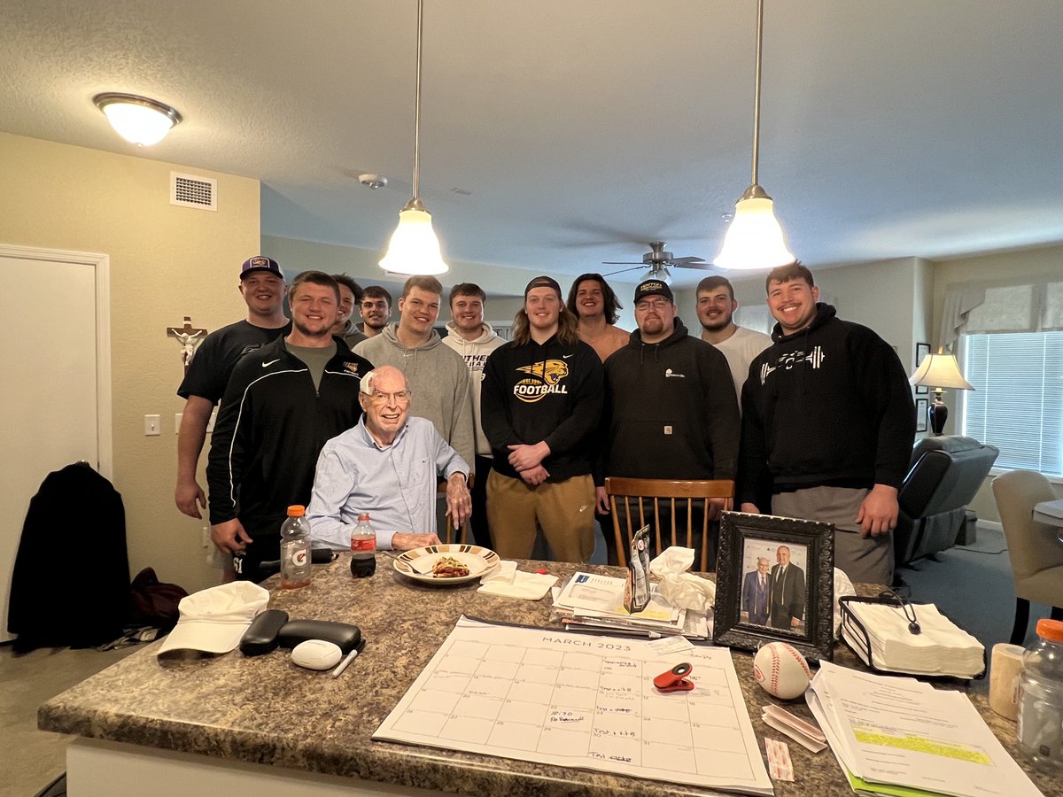 coachricknelson's tweet photo. A special day for the Northern Iowa Offensive Line. Lunch with Jim Mudd SR. Jim is an amazing man and shared several life lessons with the the Panthers. https://t.co/4g79PxNwmP