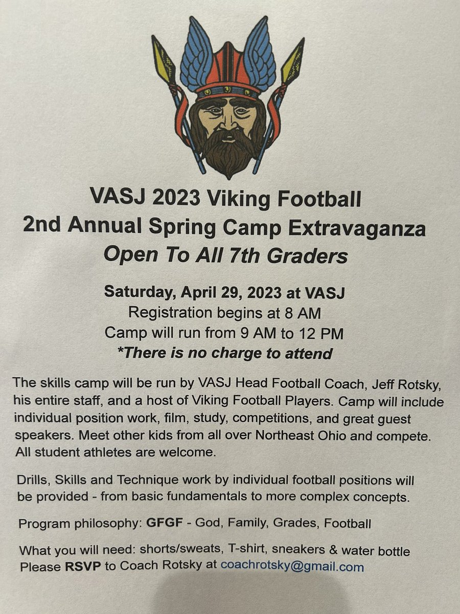 VIKING NATION
BIG 7TH GRADE FOOTBALL AT VASJ APRIL 29TH. GREAT KIDS FROM ALL OVER CLEVELAND WILL BE ON HAND.
PLEASE SPREAD THE WORD!
GFGF 
<a href="/VASJHighSchool/">VASJ High School</a> <a href="/VASJVikingsAD/">VASJ Vikings Athletics</a>
