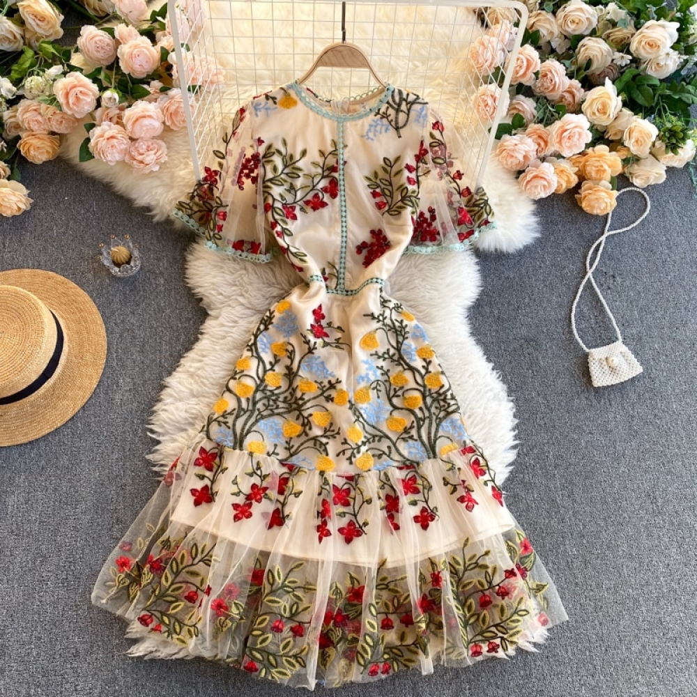 Retro Mesh Embroidery Ruffles Dress #fashion #fashioninspiration #yellowsummerdress #summerdressinwinter