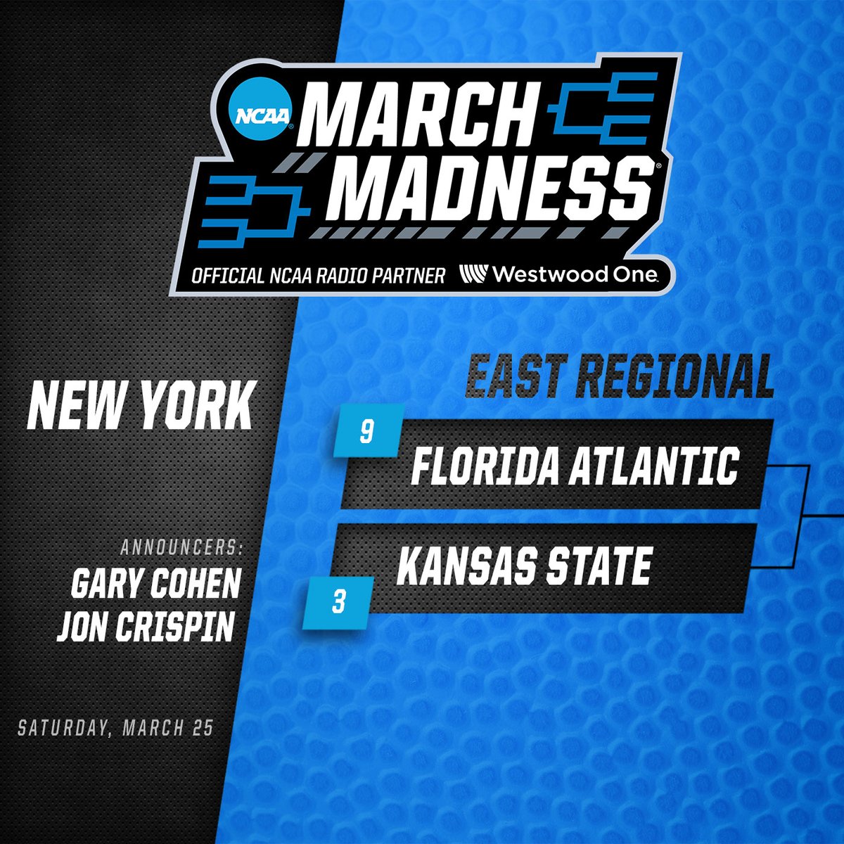 Join <a href="/JonCrispinESPN/">Jon Crispin</a> &amp; Gary Cohen on air now before #Elite8 action tips off in 10!

🏀: (9) <a href="/FAUMBB/">Florida Atlantic Men's Basketball</a>  v (3) <a href="/KStateMBB/">K-State Men's Basketball</a> 
📍: NYC
📻: Affiliates 
🖥️: WestwoodOneSports.com/newyork
📱: #MMLive, @Varsity &amp; <a href="/tunein/">TuneIn</a> WWO Sports B
📡: SXMCollege Ch. 84
🔊: "Alexa, open Westwood One Sports!"