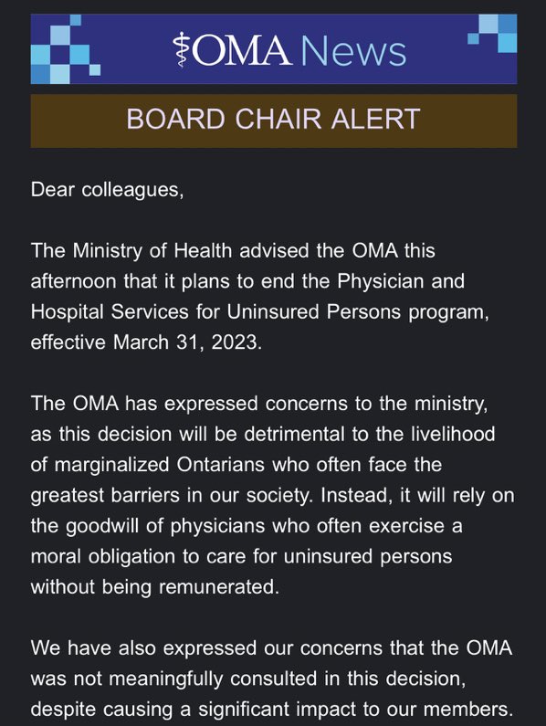 COVID-19 created a policy window, where ‘deservingness’ of health care was determined based on perceived risk & public safety. Healthcare is a human right & should not based on deservingness. We need universal access @OntarioHealthOH