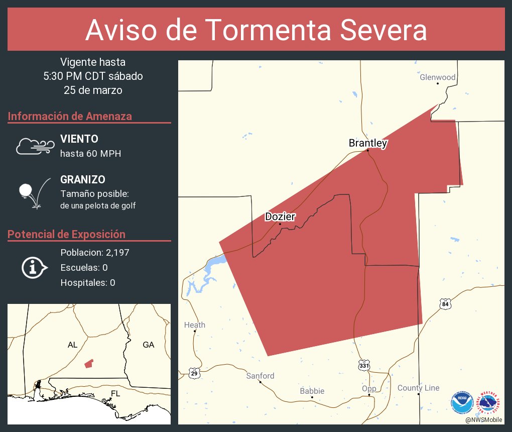 NWS Mobile on Twitter "Aviso de Tormenta Severa incluye Brantley AL