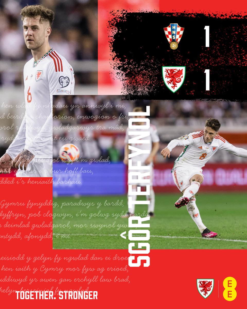 🇭🇷 1-1 🏴󠁧󠁢󠁷󠁬󠁳󠁿 SGÔR TERFYNOL

WAW! What a result! 

A last minute equaliser from the debutant Broadhead secures a draw in Cymru's opening EURO 2024 Qualifier.

#CROWAL | #TogetherStronger