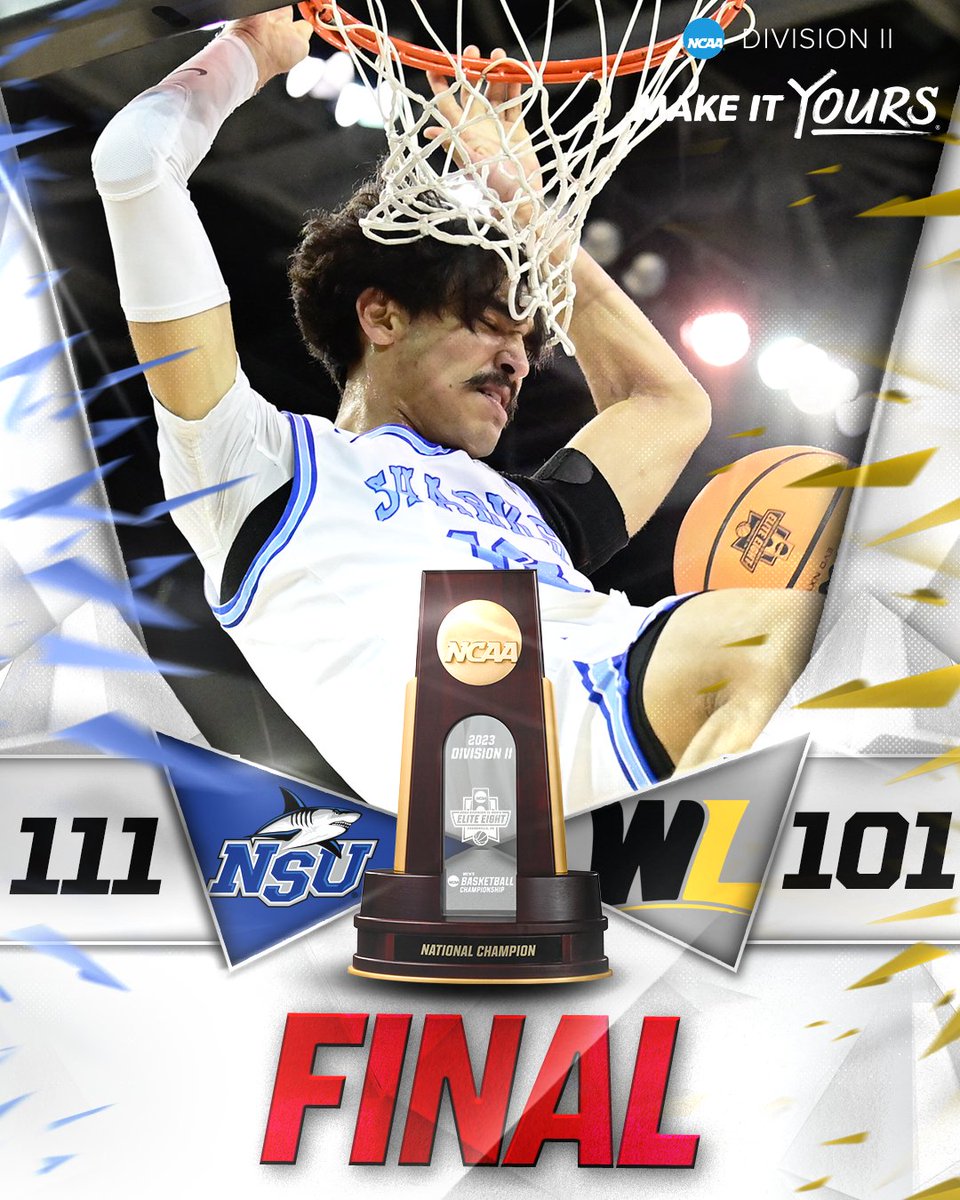 NCAADII's tweet photo. NOVA SOUTHEASTERN HAVE WON THE NATIONAL CHAMPIONSHIP ‼️🏆

The undefeated @NSU_MBasketball defeats @WLU_Hoops 1⃣1⃣1⃣-1⃣0⃣1⃣ to win the #D2MBB national championship!

#MakeItYours https://t.co/HWHJa1Z4hZ
