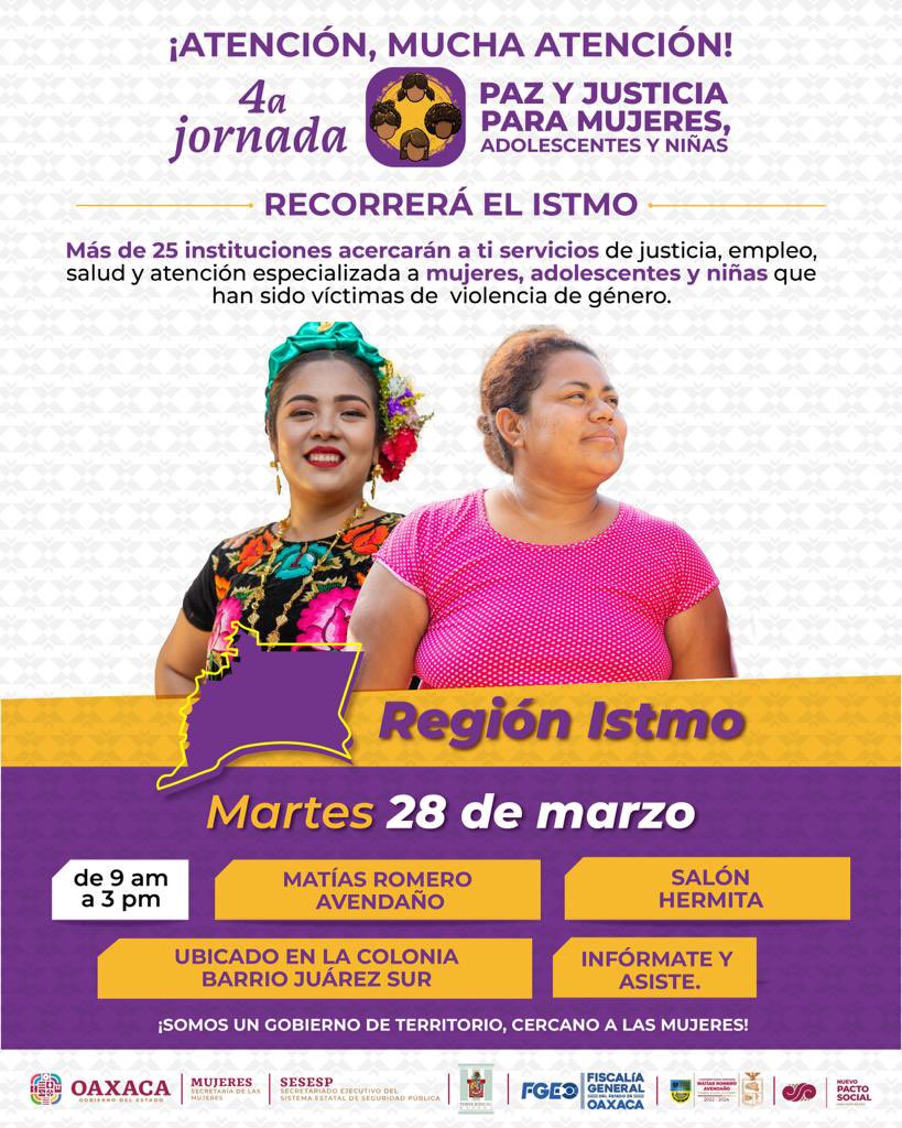 ceabienoax's tweet photo. Las Jornadas de Paz y Justicia para Mujeres, Adolescentes y Niñas recorrerán la región del Istmo, acercando programas sociales, económicos, de empleo y vivienda del 28 de marzo al 1 de abril de 2023.
#UnPuebloTransformandoSuHistoria
#JornadasDePazYJusticia https://t.co/2fXQV3mqkh