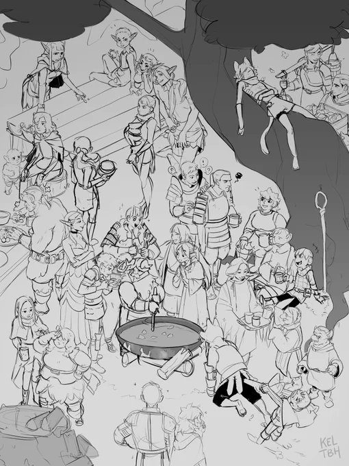 been adding more characters every day and it's finally all filled up! time for lineart :] 