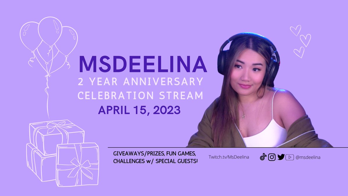 MsDeelina's tweet photo. As announced on my previous streams, I will be celebrating my 2 year anniversary on APRIL 15, 2023!

It will be a 12 HRs capped subathon! ☺️🫶🏼

There will be giveaways/prizes, fun games, and challenges with special guests! 

Don’t forget to save the date! 💜✨ https://t.co/975ATmI3We