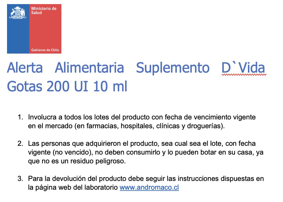📌| Ministerio de Salud informa: Alerta Alimentaria Suplemento D'Vida Gotas 200 UI 10 ml