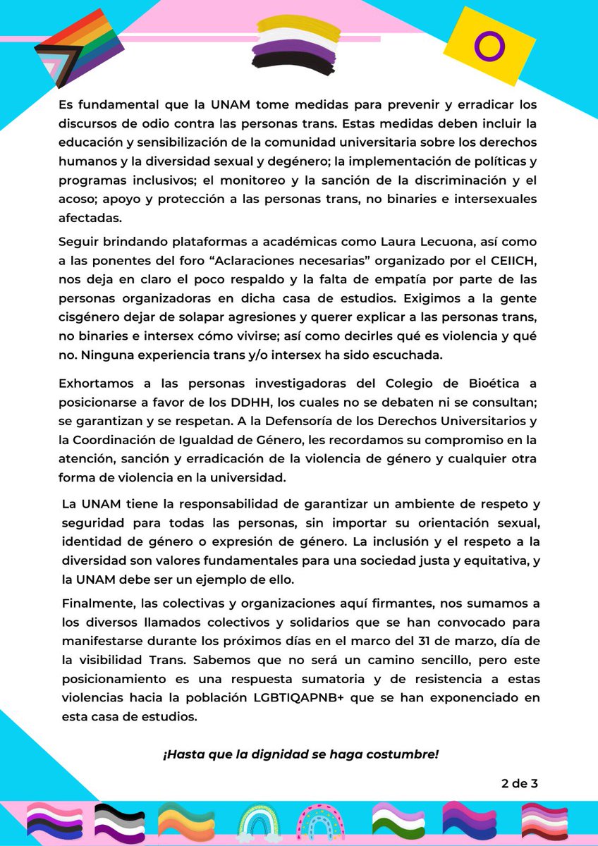 lgbt_facmedunam's tweet photo. Posicionamiento por parte de colectivas, organizaciones y personas de la diversidad sexual y disidencias ante los discursos transodiantes en el Simposio Internacional de Bioética en la UNAM.
Link para leer el documento oficial: https://t.co/jGXaaAhBYW…
#UNAM #UNAMSinTransfobia https://t.co/ivueQCured