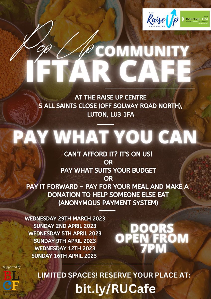 We are super excited to be opening a pop up community Iftar cafe over the next few weeks at our centre!

Join us and #PayWhatYouCan!

⭐️Can’t afford it - it’s on us!
OR
⭐️Pay what suits your budget!
OR
⭐️Pay it forward!

Limited spaces - booking via bit.ly/RUCafe