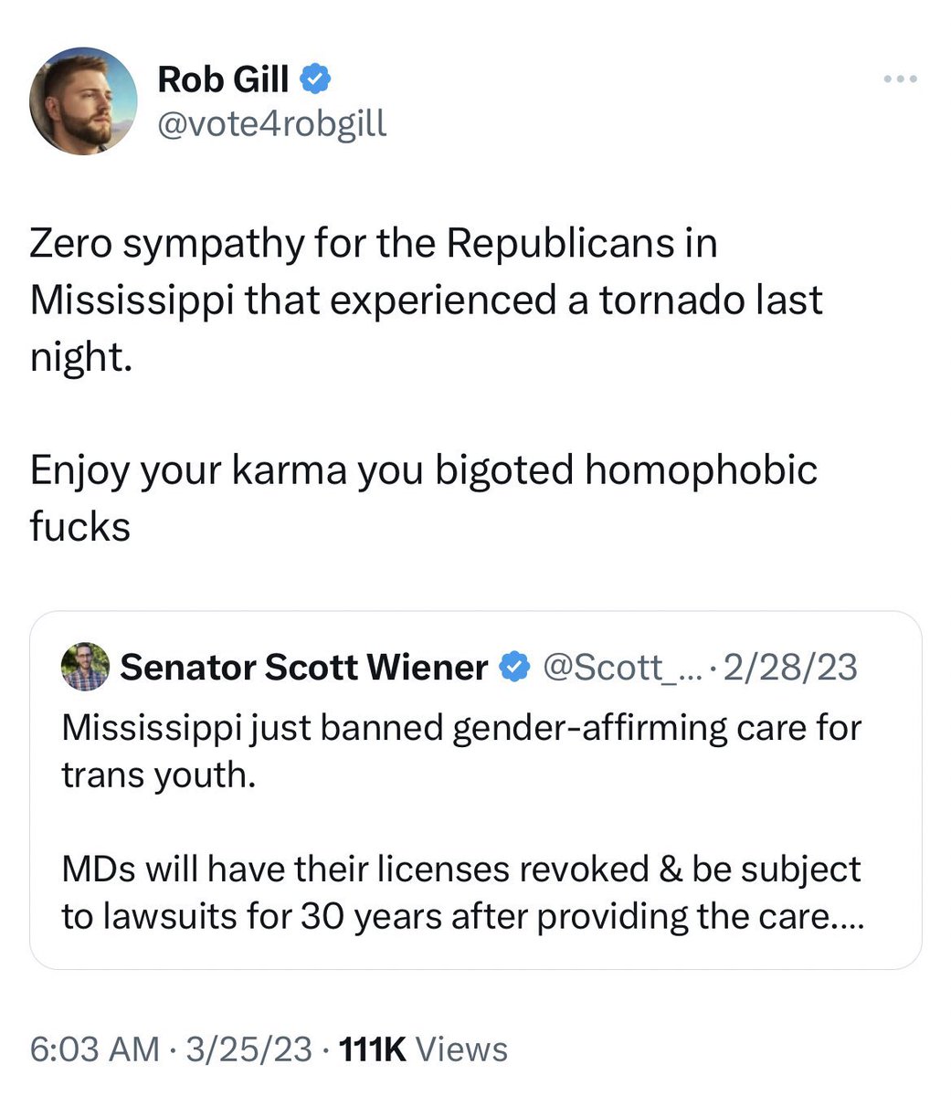 Decent human beings don’t care what someone’s political beliefs are in order to have sympathy for what they’re going through after a disaster.

I’d still be a part of the rescue effort, even if they hated me.

Either way, someone let Rob Gill know the tornado went through an area