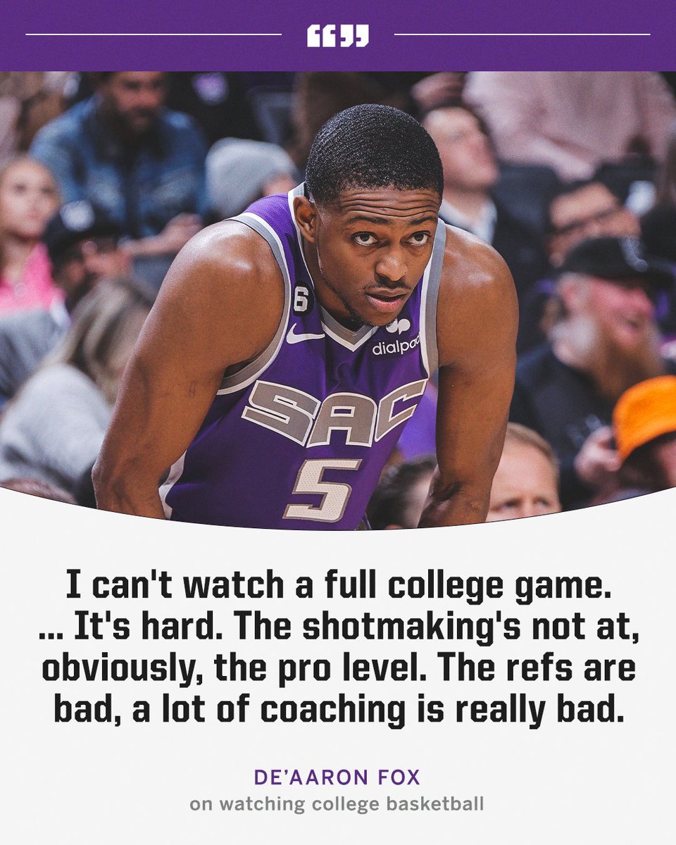 ESPNNBA's tweet image. De'Aaron Fox isn't the biggest college basketball fan 😳

(via @MattGeorgeSAC)