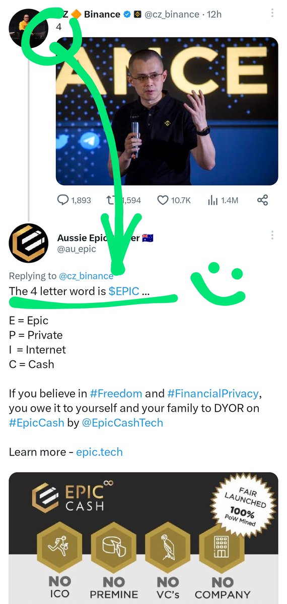 au_epic's tweet photo. @cryptojack $EPIC - It's the @cz_binance's "4" letter ticker

If you haven't heard about #EpicCash, but you value #Freedom and #FinancialPrivacy, then you owe it to yourself to DYOR by visiting https://t.co/yb2ofa01Ve https://t.co/YSEKbcy2Wt