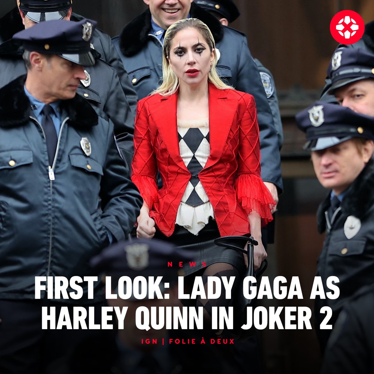 IGN's tweet photo. New photos from the New York set of Joker: Folie à Deux show Lady Gaga as Harley Quinn, accompanied by members of the Gotham PD. https://t.co/fChI1f7e3v