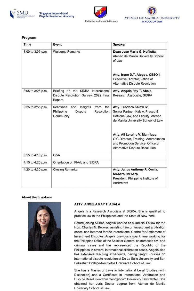 PDRC_org's tweet photo. PDRCI is supporting the presentation of SIDRA’s “International Dispute Resolution Survey: 2022 Final Report" on 27 March 2023, Monday from 3:00 p.m. to 4:30 p.m. at the Veritas Hall of the Ateneo Law School in Rockwell.

Register for free using the link below. https://t.co/Ny8P7LcjLq