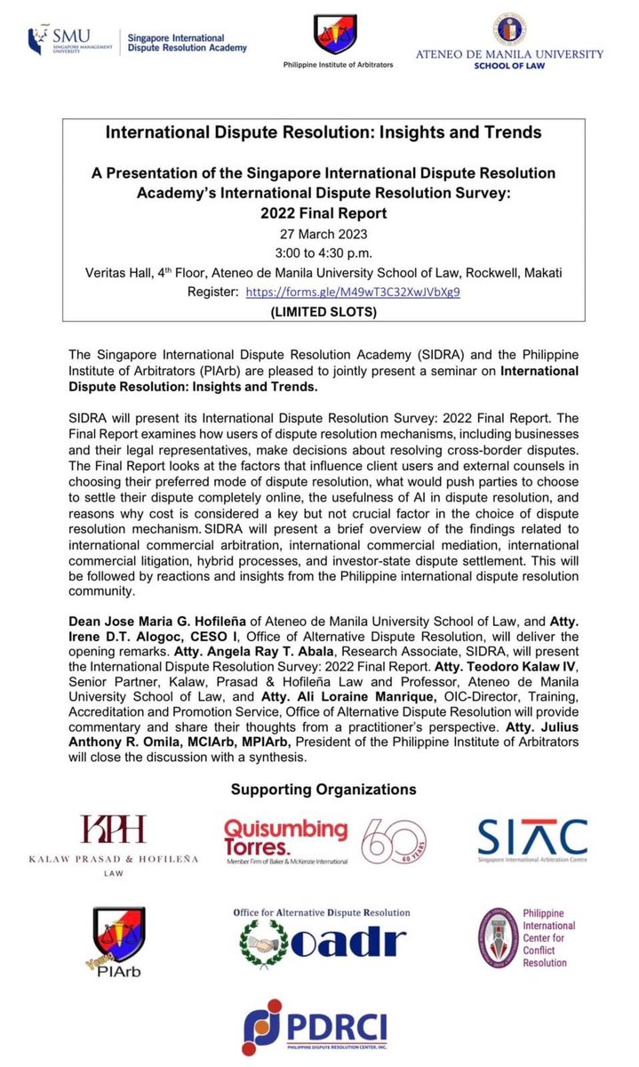 PDRC_org's tweet photo. PDRCI is supporting the presentation of SIDRA’s “International Dispute Resolution Survey: 2022 Final Report" on 27 March 2023, Monday from 3:00 p.m. to 4:30 p.m. at the Veritas Hall of the Ateneo Law School in Rockwell.

Register for free using the link below. https://t.co/Ny8P7LcjLq