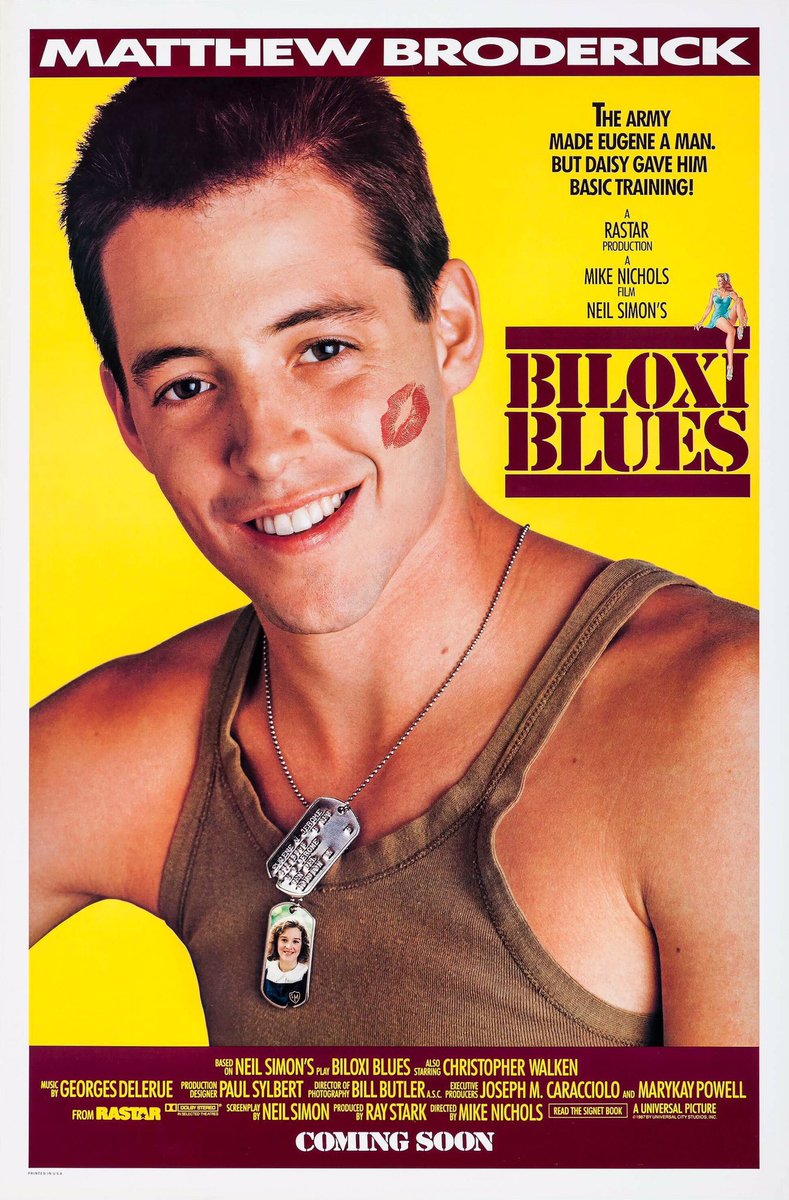 FilmNewsNos's tweet photo. 🎬MOVIE HISTORY: 35 years ago today, March 25, 1988, the movie ‘Biloxi Blues’ opened in theaters!

#MatthewBroderick #ChristopherWalken #MichaelDolan #MarkusFlanagan #MattMulhern #CoreyParker #CaseySiemaszko #PenelopeAnnMiller #ParkOverall #MikeNichols https://t.co/fb8kAnh2Km