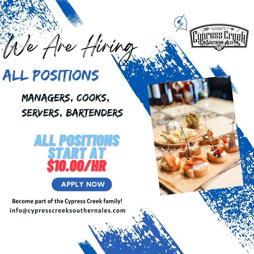 Cypress Creek Southern Ales Brewery &amp; Winery is looking for highly motivated and hardworking team members to work in a fun and unique dining experience in downtown Winnsboro TX, at our new location on the Bowery square.

Cypress Creek Southern Ales is hi… instagr.am/p/CqOisPgvKSa/