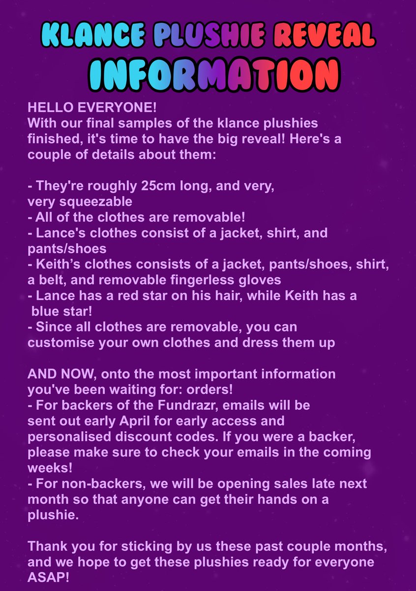 azorashka's tweet photo. THE TIME HAS COME!!!! #klanceplushies2023 designs are here! before public preorders begin we will be taking orders from all of our contributors who donated to make this project possible! if you donated, please expect an email with your link and discount code at the beginning— https://t.co/lqzRNc8kOV