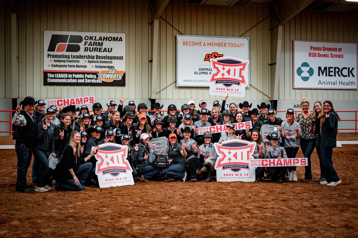 OSUEquestrian's tweet photo. Our house. Our trophy. Our time. 

Presenting your back-to-back-to-back Big 12 Champions 🏆

#RoadToOcala | #GoPokes https://t.co/DaCO7G58N4