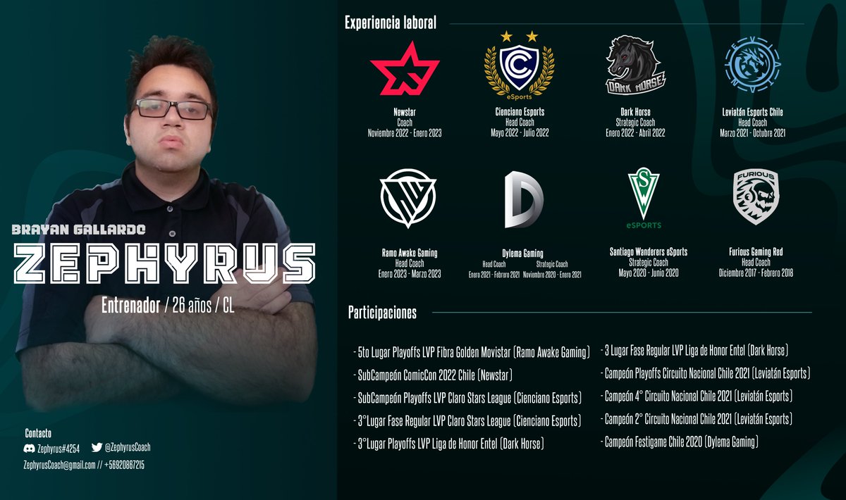 ZephyrusCoach's tweet photo. Mi Contrato con @Awk_Gaming ha finalizado por lo que me encuentro F.A de cara a futuras competencias como Coach, Info por DM o a mi correo ZephyrusCoach@gmail.com

Si pueden compartir estaría muy agradecido 
@BusquedaEsports https://t.co/zAxwxDiLYh