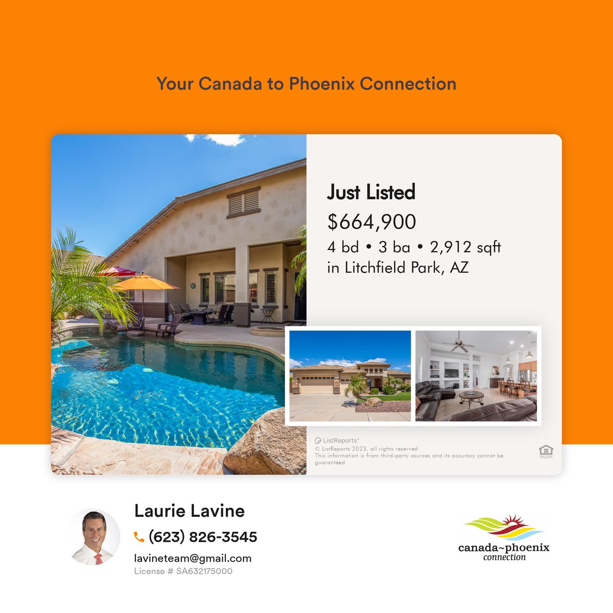 4 bedroom/2.5 bathroom property with heated pool in Litchfield Park to market! Just listed by Laurie Lavine of Arizona Premier Realty Homes and Land, LLC. Click on the the link to the MLS below my.flexmls.com/.../lis.../202… #lavineteamlistings #canadianssellingphoenixrealestate