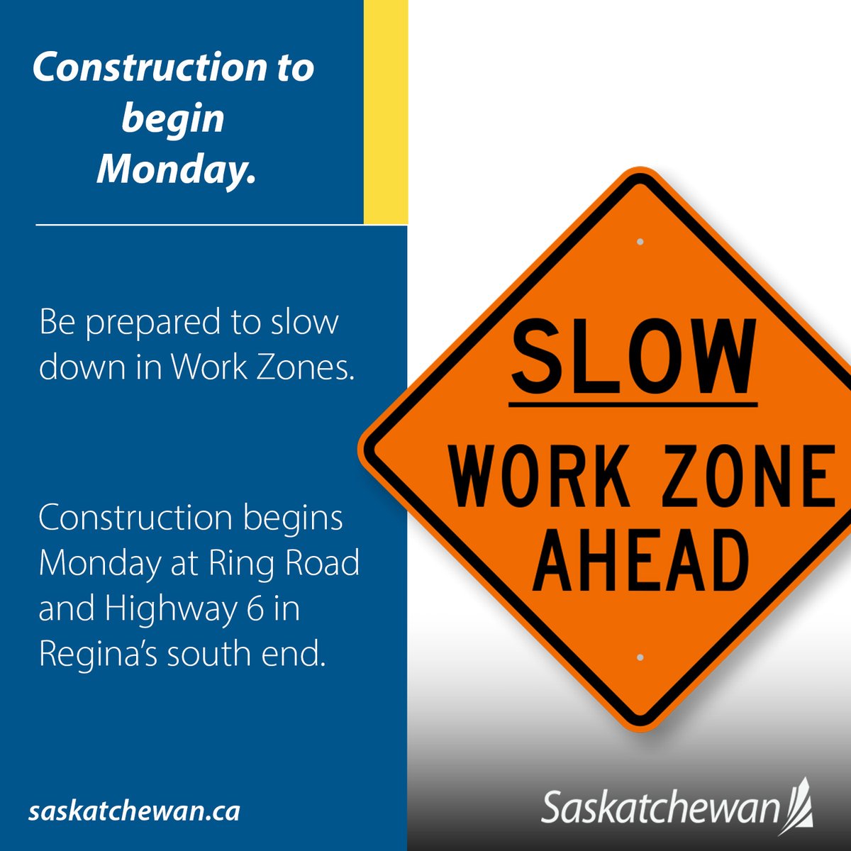 SKGovHwyHotline's tweet photo. If this is your route, you may want to give yourself a bit of extra time. 
Starting Monday March 27 construction on Ring Road will begin. 
Be aware of changing speed limits. 
https://t.co/oilmYYId7B https://t.co/eUwePSCPDo