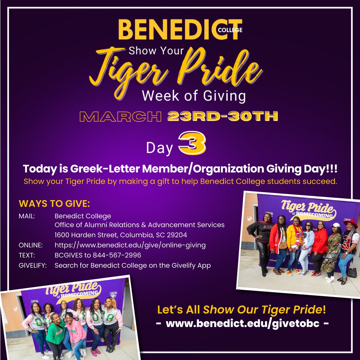 BenedictEDU's tweet photo. Itβs Greek-Letter Member/Organization Giving Day! Show your Tiger Pride by making a gift to help Benedict College students succeed.
Visit https://t.co/HXscfjwEDo to
make your gift! #BCGives #GivetoBC #RYSBenedict https://t.co/6vbNyrfyEl