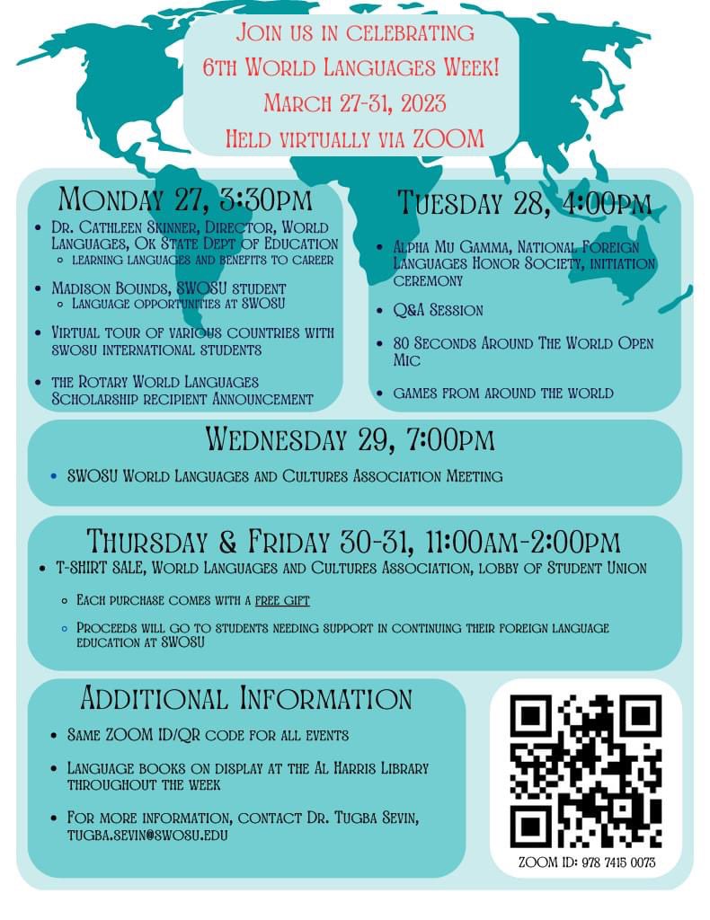SWOSU_Lang_Lit's tweet image. Our 6th annual World Languages Week is taking place virtually on March 27-31! Join World Languages students for a full week of activities, like a virtual tour of different countries, a t-shirt sale, &amp;amp; games from around the world. 

Learn more here: bit.ly/3TCTbol