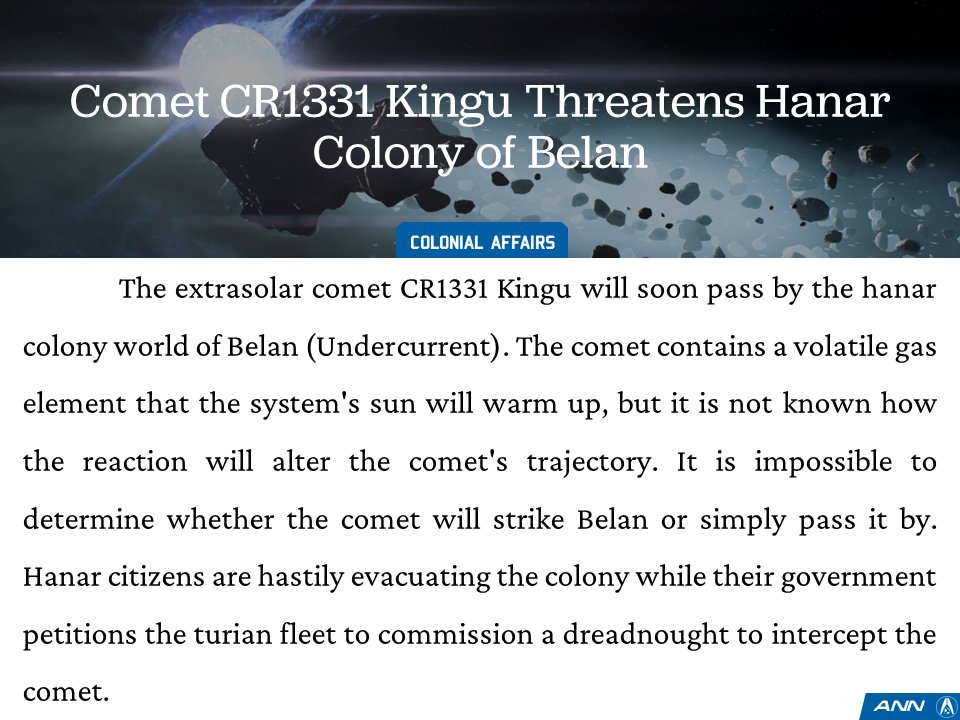 ANN_Updates's tweet image. Comet CR1331 Kingu threatens hanar colony of Belan. #MassEffect