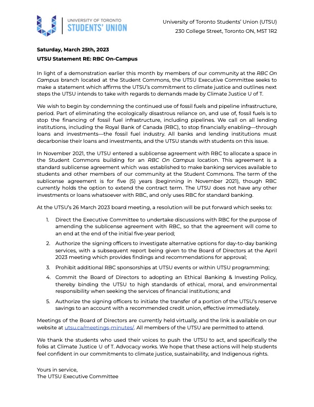 🚨BREAKING 🚨 In light of our recent sit-in against <a href="/RBC/">RBC</a>'s fossil fuel financing, the <a href="/UofT/">University of Toronto</a> Student Union will prohibit all new <a href="/RBC/">RBC</a> sponsorships !!!