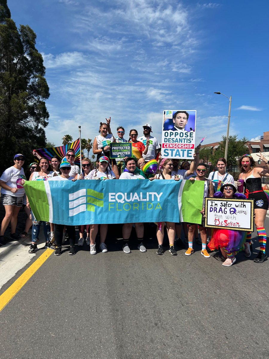equalityfl's tweet photo. Equality Florida was fired up at Tampa Pride today! With the slate of anti-LGBTQ attacks in Florida, we must come together for our community. Thanks to all our volunteers that collected petitions against DeSantis’ censorship agenda! https://t.co/Ledrl3vToi