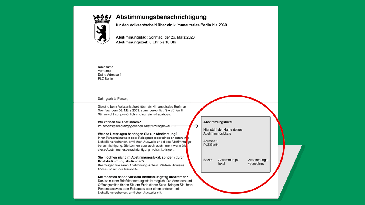 Die Wahllokale sind geöffnet. 🗳️

☑️ Dein Wahllokal findest du auf der Abstimmungsbenachrichtigung oder über berlin2030.org
☑️ Du musst nur einen Ausweis mitbringen

Wir brauchen 607.518 JA-Stimmen 💚
Jede 👏 einzelne 👏 Stimme 👏 zählt!

🚨 Bitte teilen! 🚨  #Berlin2030
