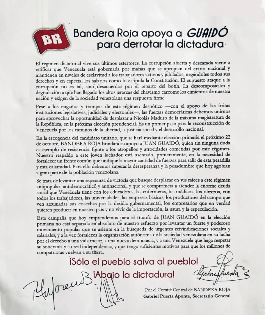 "Más que una candidatura, más que una opción electoral tenemos que ser una opción política y de poder para poder transformar a Venezuela". Enfatizó nuestro candidato <a href="/jguaido/">Juan Guaidó</a> junto al partido <a href="/Bandera_Roja/">Bandera Roja</a>. Este acto representa la sexta alianza en menos de un mes. #25mar