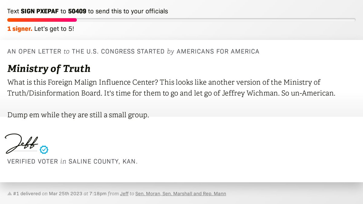 openletterbot's tweet photo. ๐ Sign Ministry of Truth and I'll deliver a copy to your officials: https://t.co/fmf2RAH2cq ๐จ No. 1 is from @youseemgneiss to @JerryMoran, @SenatorMarshall and @RepMann #KS1 #KSpolitics #KSpol #KSpoli https://t.co/YfdwQEmyUq