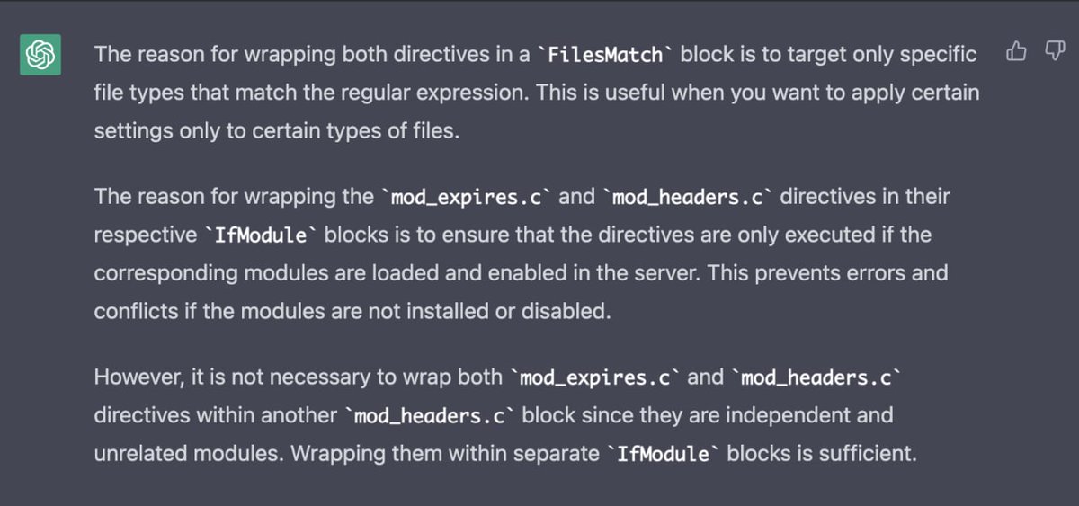 amiris_brown's tweet image. I'm finally getting my #ApacheServer #htaccess syntax questions answered!
#ChatGPT also verified that wrapping them again within a, "mod_headers.c" is indeed redundant btw.