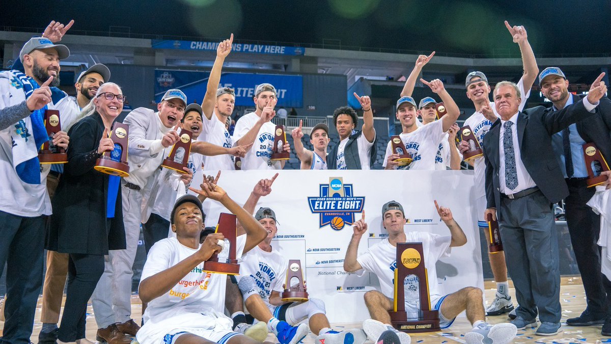 NSUFlorida's tweet photo. WE’RE NATIONAL CHAMPIONS! 🏀
@nsu_mbasketball beat West Liberty, 111-101, to become @NCAADII CHAMPIONS!
Congrats to Head Coach Jim Crutchfield and the entire team on going UNDEFEATED and becoming national champions for the 1st time in program history! 🦈
#NSUSharks https://t.co/8bjcQJChOC