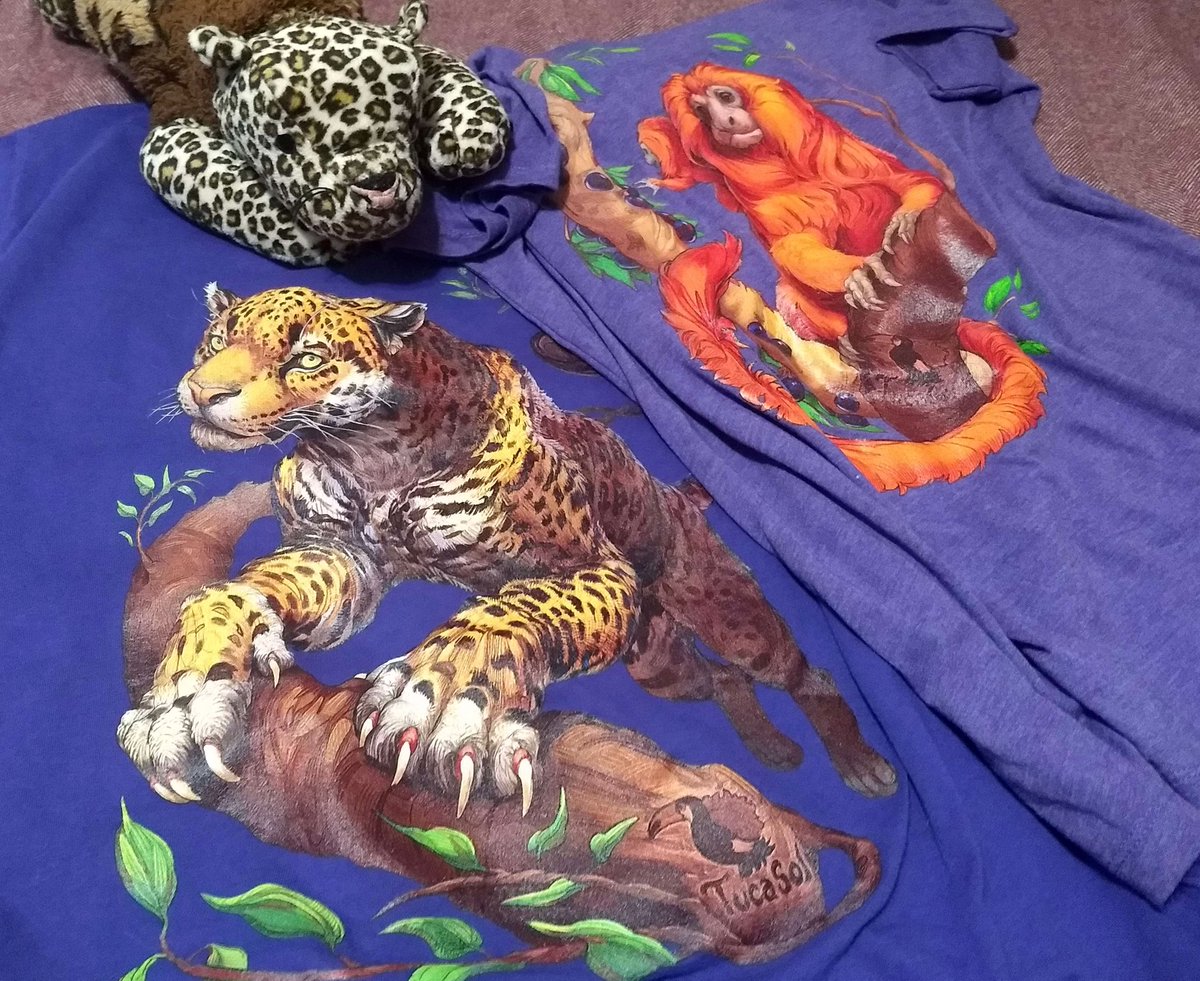 CloudyMayDayART's tweet photo. Some shirts with designs by @CindyAAvelino / @TucaSolArt  arrived, happy that I finally got me some more stuff featuring my fav. big cat species :> Also cuute monkeyyy aa.

(Just pretend Speckle is a...very odd looking jaguar :O ) https://t.co/5t1THCfHzs